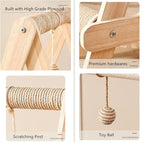 SHENGOCASE 3-Tier Modern A Frame Wooden Cat Tree Tower Ladder with Multi-Level Bed Hammock for Large Cat and Sctatching Post, Hanging Toy Ball (Beige)
