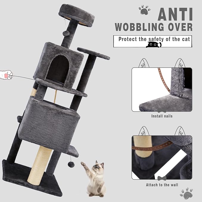 Large Cat Tree, 57.8" Tall, Dark Grey, Multi-Level Cat Furniture with Condos, Scratching Posts, Beds, Pompoms, Sisal Rope, Indoor, Durable