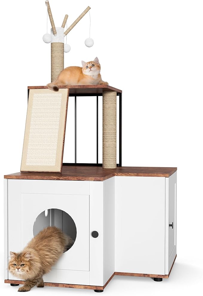 48.8" Wooden Cat Tree with Hidden Litter Box Enclosure & Storage Cabinet – 2-in-1 Cat Furniture with Scratching Post, Toy Balls, and Play Area for Indoor Cats