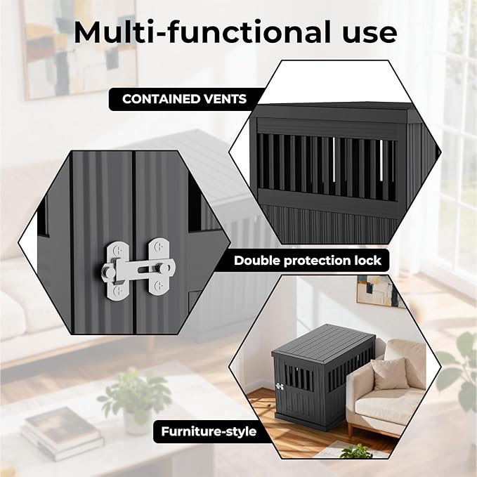 Indoor/Outdoor Dog House, Waterproof Durable Plastic with Locking Door, Ventilation and Raised Floor Design, Easy Assembly, Suitable for Small to Medium Dogs, Gray, 29.65”x 21.34” x 25.28”