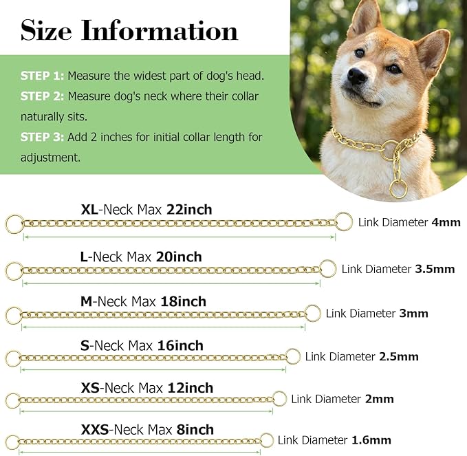 Chain Choke Collar for Dogs,Heavy Chain Dog Metal Training Choke Collars, Martingale Puppy Collars for XS Small Medium Large Big XL Breed Dogs (Gold, S(Neck Max 16inch) D2.5mm)