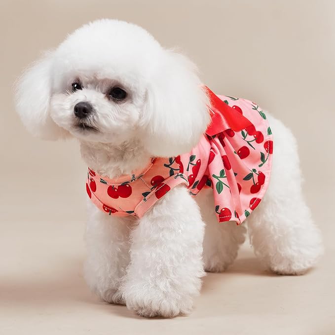PUPTECK Print Dog Dress Pet Apparel with Cute Bowtie Puppy Clothes Outfit, Cherry, S