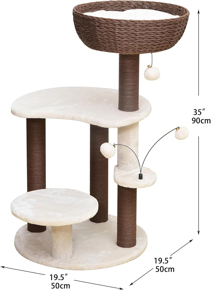 PetPals 5-Level 35" Cat Tree Tower with Paper Handwoven Basket Bed,Multi-Level Climbing Activity Tower with Replaceable Paper Rope Scratching Posts (Cream and Brown)