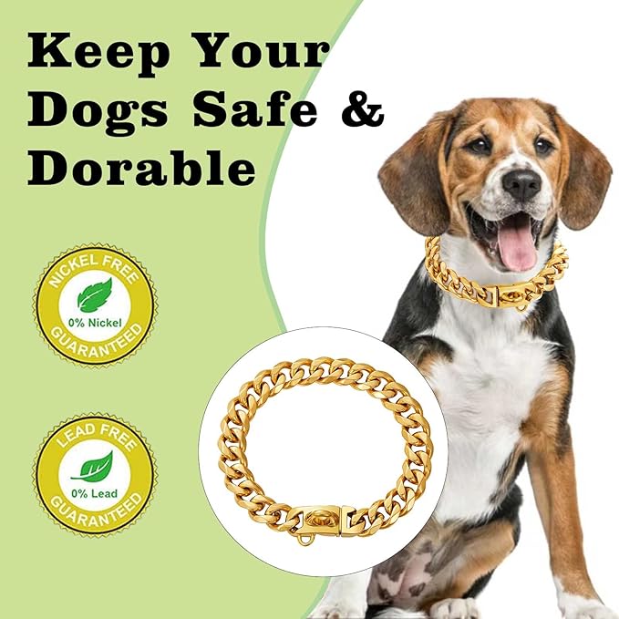 Stainless Steel Silver Gold Dog Collars with Safety Buckle Lock,18K Cuban Link Chain Training Collar,15MM Strong Dog Necklace Heavy Duty Chew Proof for Small Medium Large Dog