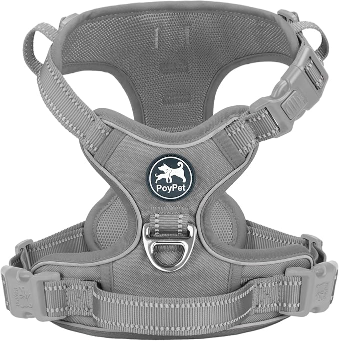 PoyPet No Pull Dog Harness, No Choke Reflective Dog Vest, Adjustable Pet Harnesses with Easy Control Padded Handle for Small Medium Large Dogs(Gray,XL)