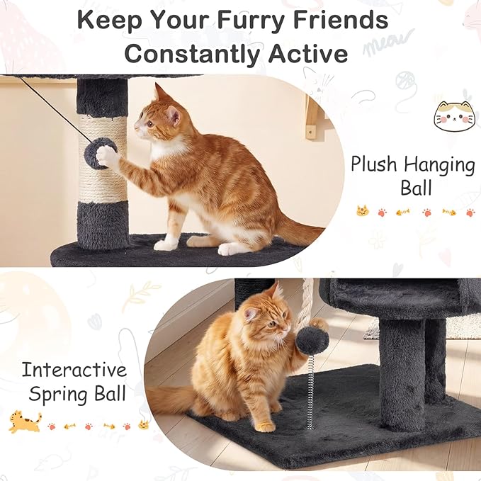 Tangkula 36 Inch Cat Tree Tower, Multi-Level Cat Tower with Condo, Top Perch, Sisal Scratching Posts & Hanging Rope, Spring & Hanging Balls, Climbing Platforms for Indoor Cats and Kittens (Dark Gray)