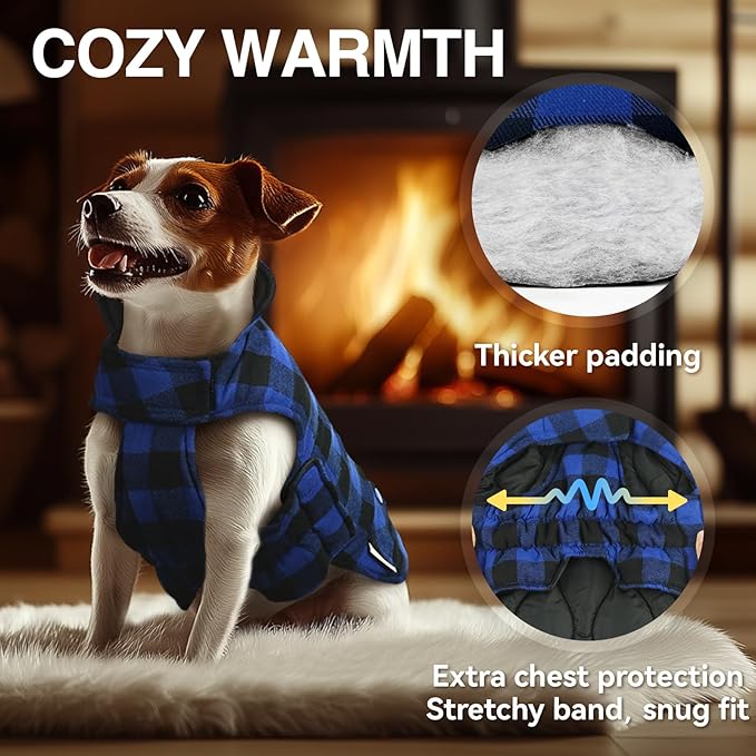 VIVAGLORY Softjoy Dog Coat, Dog Jacket for Winter & Christmas, Coat with Harness Hole, Reversible Plaid Checkered Warm Fluffy Heavy Duty for Puppy, S, Sapphire Blue Plaid