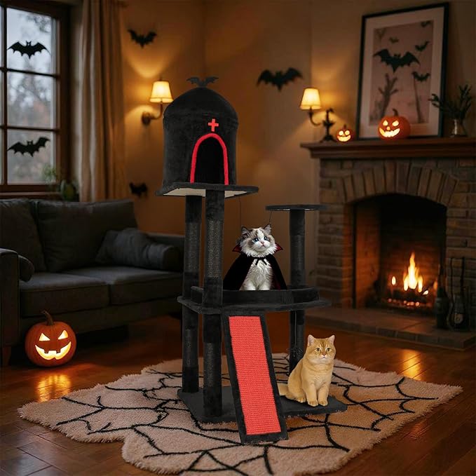 Outvita Gothic 53" Cat Tree with Coffin Bed, Large Cat Tower with Spacious Cat Condo, Scratching Posts, Spider Hanging Toys, Scratching Board, Multi-Level Cat Activities Furniture, Red & Black