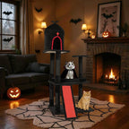 Outvita Gothic 53" Cat Tree with Coffin Bed, Large Cat Tower with Spacious Cat Condo, Scratching Posts, Spider Hanging Toys, Scratching Board, Multi-Level Cat Activities Furniture, Red & Black