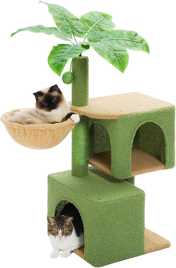 PEQULTI 43'' Cat Tree for Indoor Cats,Cat Tower Climbing Tree with Cat Scratching Posts, 2 Big Condos and Deep Hammock,Activity Tree for Kittens, Green