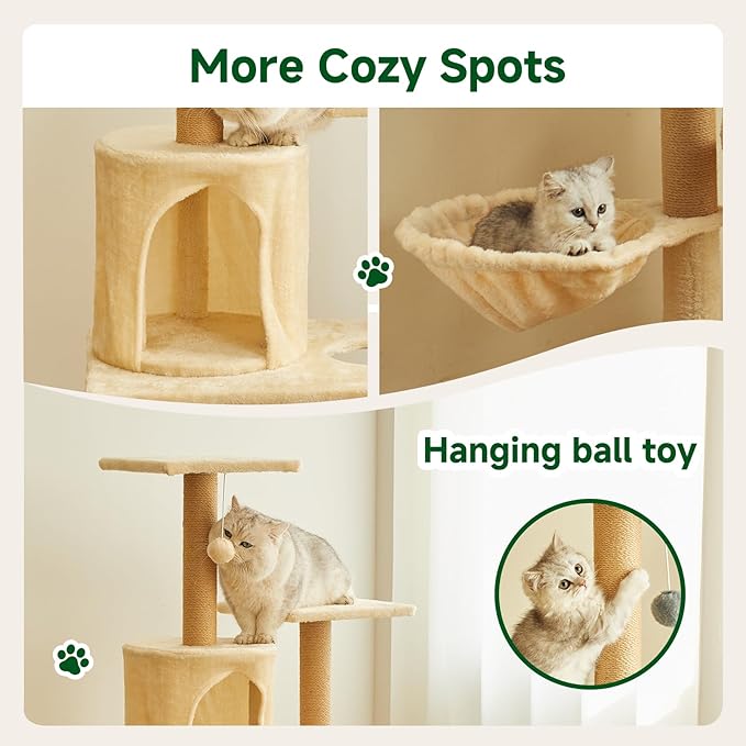 Deluxe Cat Tree Tower, 132cm Multi-Level Climbing Structure with Condo, Hammocks, Platforms, Beige Plush, Indoor Activity Center