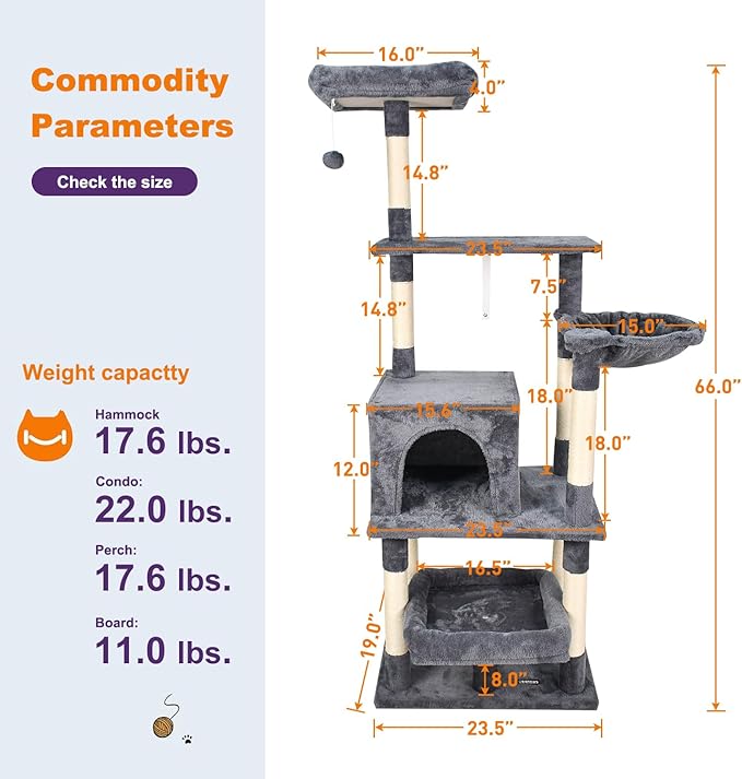 66-in Heavy-Duty Cat Tree for Large Cats, Multi-Level Tower with Sisal Scratching Posts, Plush Perch, Hammock & Condo Anti-Tip Design