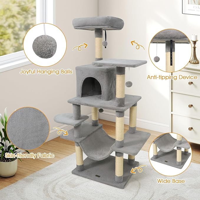 PETSITE Multi-Level Cat Tree, 58 Inches Tall with Sisal Scratching Posts, Condo, Hammock, Dangling Balls, Jumping Platforms, and Cozy Top Perch, Ideal for Indoor Cats to Play and Rest (Grey)