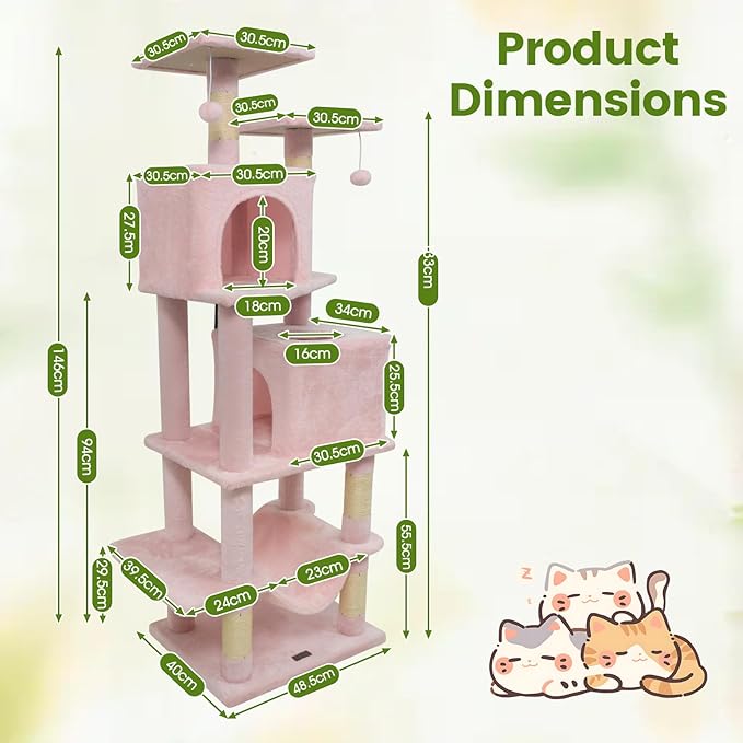 PETSITE 57-inch Modern Cat Tree, Multi-Level Cat Tower with 2 Comfy Condos, Sisal Scratching Posts, Plush Top Perch, Snug Hammock, and Dangling Balls, Ideal for Indoor Cats and Kittens (Pink)