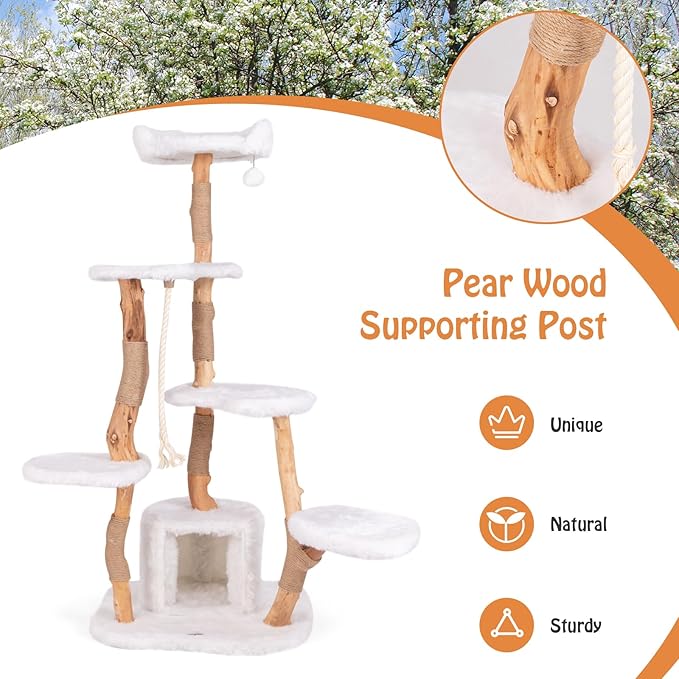 PETSITE 66 inch Tall Wooden Cat Tree Tower, Multi-Level Cat Tower with Jute Scratching Posts, Sisal Rope, Cat Condo, and Dangling Ball, Soft Long Plush, Modern Cat Tree for Indoor Cats Large Adult
