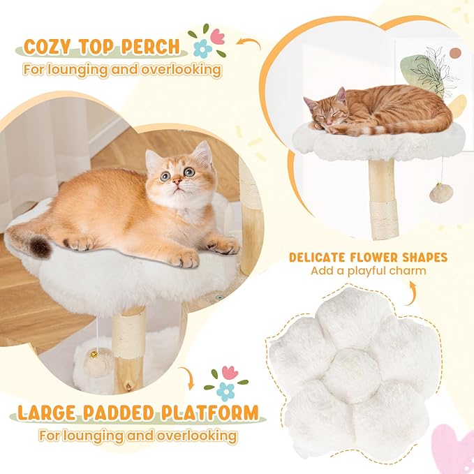 PETSITE 32 Inch Wood Cat Tree, Multi-Level Small Cute Cat Tree with Sisal Scratching Posts, Cat Condo, Soft Long Plush Covered Perches, and Dangling Balls