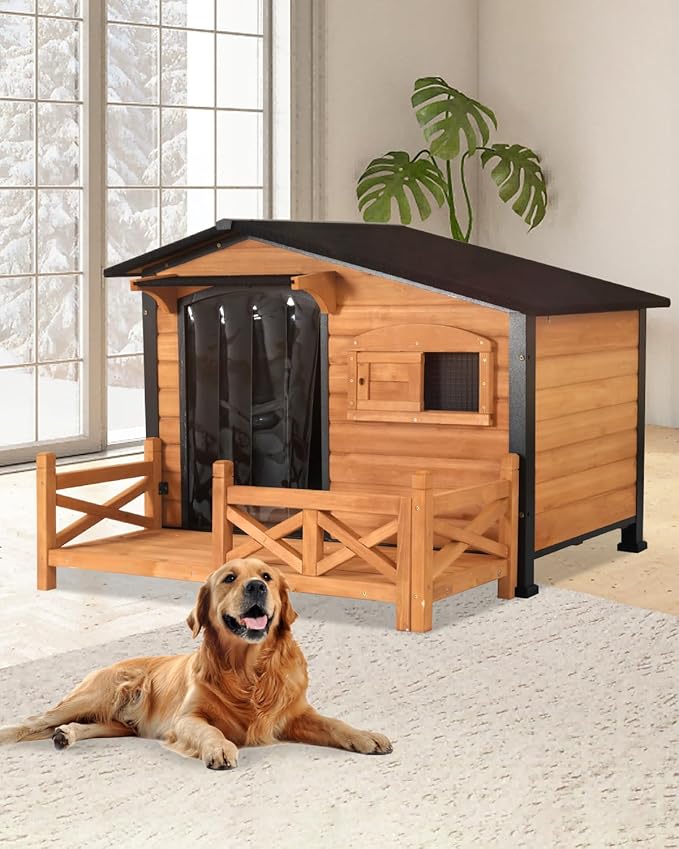 Dog House Outdoor with Porch Weatherproof Dog Kennel with Anti-Chewing Iron Frame Dog Shelter for Small Medium Dogs(Brown)