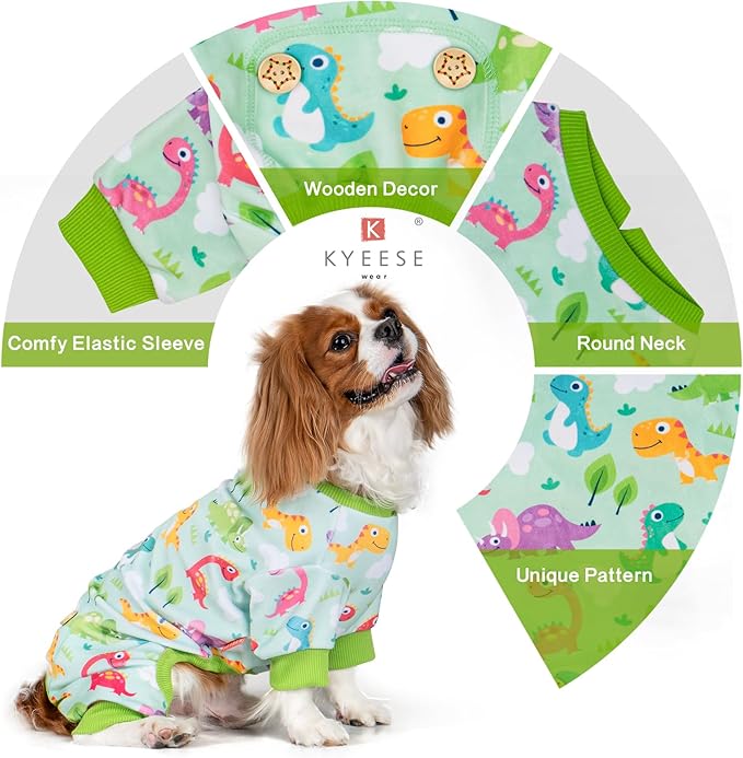 KYEESE Dog Pajamas Velvet Pjs Stretchy Pet Jammies Onesie Small Dog Pajamas with Colorful Dinosaurs Comfy Clothes for Dogs Boy Girl Puppy Coat Soft Outfit, Small