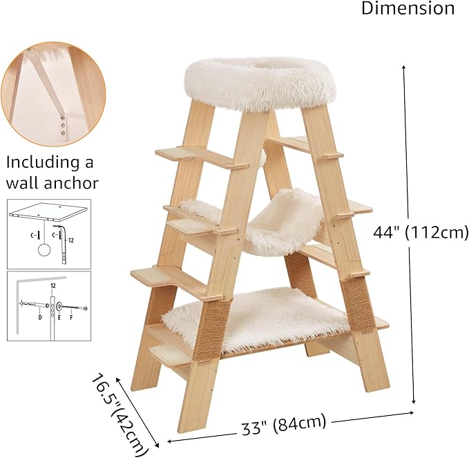 unipaws Pyramid Cat Tree, 5-Level Wooden Cat Ladder, Sturdy Tall Cat Climbing Tower with Cozy Hammock for Kittens and Indoor Cats