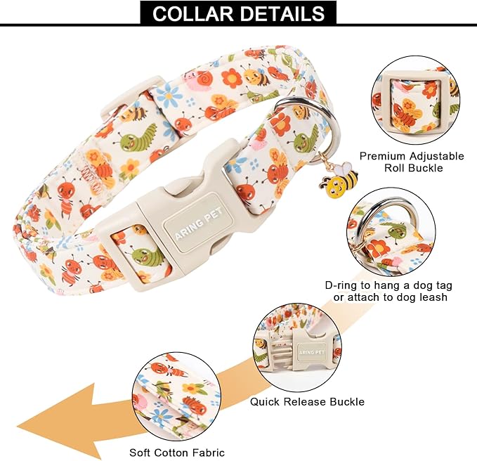 ARING PET Dog Collar, Cute Spring Summer Insects Bee Floral Doggy Collars with Quick Release Buckle for Puppy Small Medium Large Dogs-M