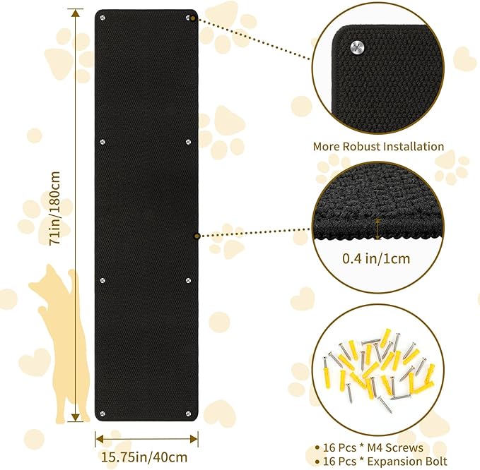 FHTONGE 71x15.8 Thickened Cat Wall Climbing Carpet with 16 Fixed Nails, Extra Large Tall Cat Scratch Pad for Wall, Wall Mounted Climbing Cat Scratcher for Furniture Couch Sofa Protector(Pure Black)