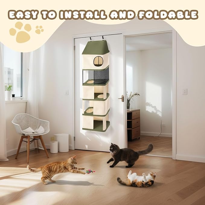 5 Level Door Hanging Cat Tree Tower for Indoor Cats Under 40 Lbs, Door Mounted Pet Furniture Space Saving, Interconnecting Levels, Mesh Levels, Collapsible and Tool-free Assembly, Fits Doors＜85 Inch H