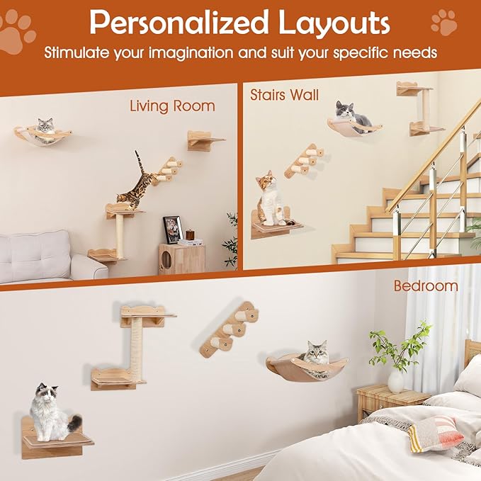 Tangkula Cat Wall Shelves, 4 Pieces Wooden Wall Mounted Kitten Furniture Set with Hammock, 2-Step Cat Tree, Non-Slip Pads, Sisal Stairs & Scratching Posts, Modern Cat Climber Steps (Natural)