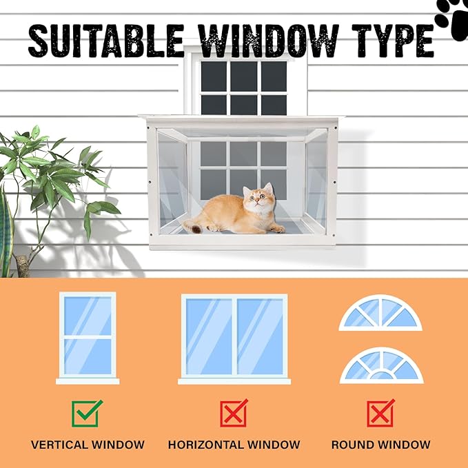Acrylic Cat Window Catio,Catio Outdoor Enclosure Window with Wooden Frame,Cat Window Box with Waterproof Clear Roof for Sunbathing, Napping,Enjoying The Outdoor Sight