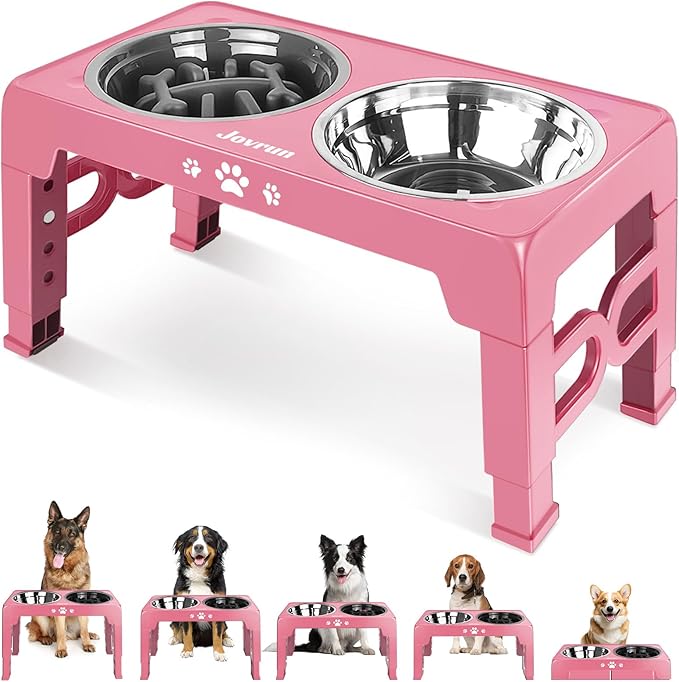 Elevated Dog Bowls for Medium Size Dogs, Non-Slip Dog Feeder with 1*Stainless Steel Dishes & 1*Slow Feeder Bowl, 5 Heights Adjustable Raised Bowls to 3.15″-8.66″-9.84″-11.02″-12.2″