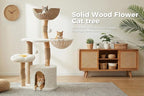 PETEPELA Modern Cat Tree Tower for Indoor Large Cats w/Removable Flower Perch, Real Solid Wood Cat Scratching Posts, Boho Ratten Cat Furniture w/Cozy Condo & Wicker Basket Bed, White