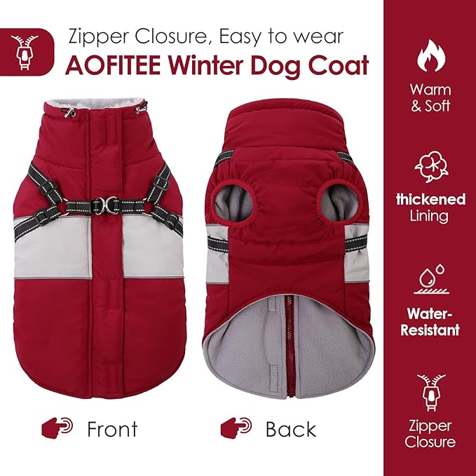 AOFITEE Dog Coat, Dog Christmas Sweater, Dogs Winter Coat with Harness Built in, Reflective Waterproof Pet Jacket with Furry Collar, Pet Snow Suit for Large Dogs, Doberman, Great Dane, XXL