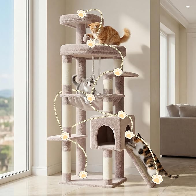 Heybly Heavy Duty Cat Tree, 64.2-Inch Tall Tower for Large Indoor Cats with Widened Structure, Cat Furniture with Big Platforms, Extra-Large Hammock, Sisal Scratching Posts & Board, Muchroom HCT027MU