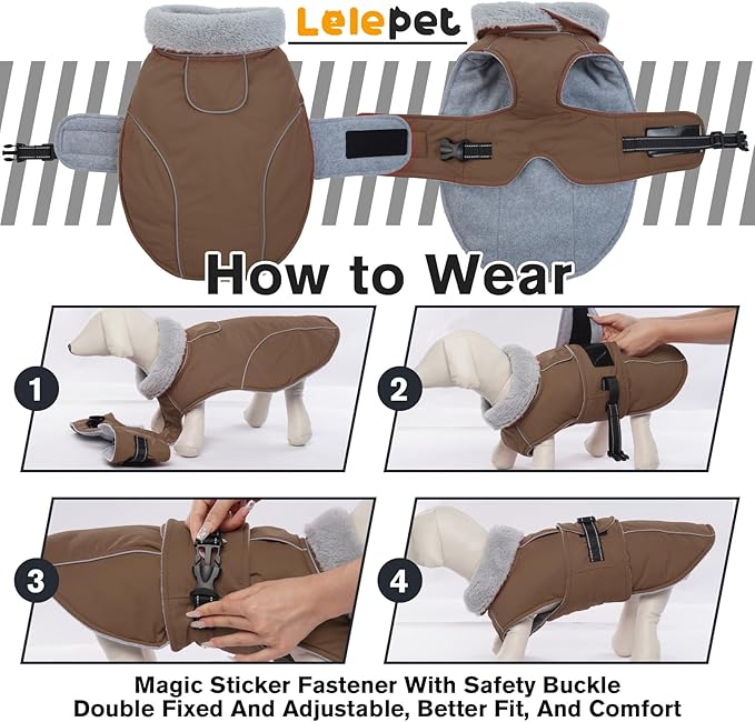 Lelepet Warm Dog Coats for Large Dogs Waterproof Dog Jacket Reflective Pet Fleece Vest Windproof Cold Weather Coats with Adjustable Buckle & Leash Hole, Brown, XL