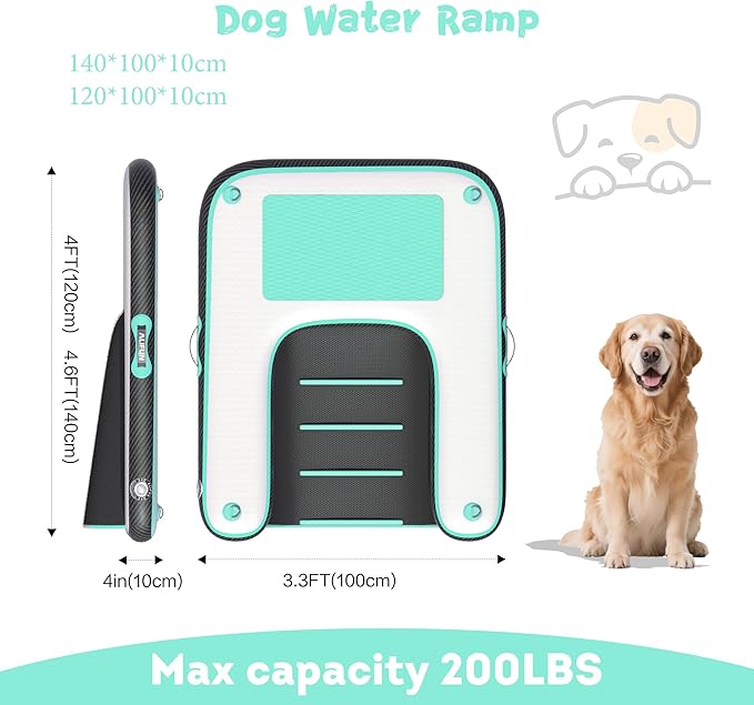 ALIFUN Inflatable Dog Ramp Floating Dock Water Raft Ladder for Pool, Boat, Non-Slip EVA Floating Ladder for Dog Up to 220 LBs Purple 140CM Length (Black-Green, for Small Dogs Up to 80 lbs)