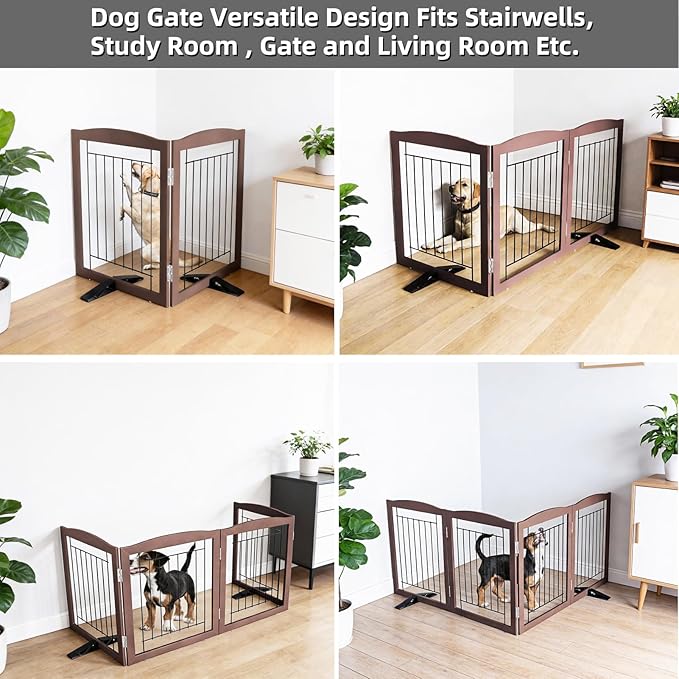 Dog Fence Indoor,Dog Gate Indoor for Doorway pet gate -2-Panel Freestanding, Hallways, House or Stairs -40x24-Inch Retractable Foldable Expandable Wood Pet by SFJC (Brown) ﻿