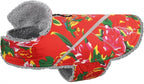 VIVAGLORY Snowrap Dog Coat, Jacket with Harness Hole, Dog Coat for Winter & Cold Weather, Fluffy Warm Fleece Lined Reflective Water Resistant for Puppy, S, Northeast Florals-Red
