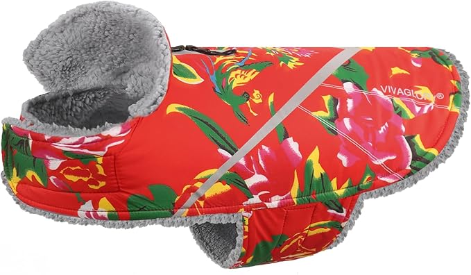 VIVAGLORY Snowrap Dog Coat, Jacket with Harness Hole, Dog Coat for Winter & Cold Weather, Fluffy Warm Fleece Lined Reflective Water Resistant for Puppy, M, Northeast Florals-Red