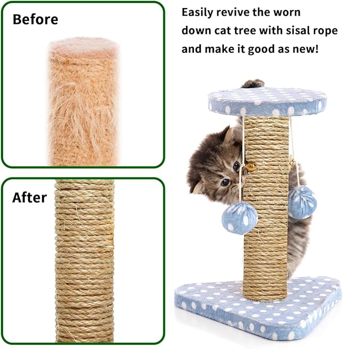 Natural Sisal Rope 1/4 Inch by 32-Feet for Cat Scratching Post Tree Tower Replacement Repair and Replace, DIY Hemp Twine Rope for Kittens Shelves Furniture Window Bed Perch House, 6mm by 10m