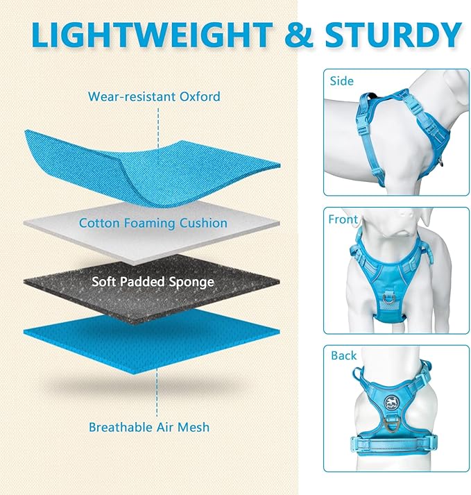 PoyPet No Pull Dog Harness, No Choke Reflective Dog Vest, Adjustable Pet Harnesses with Easy Control Padded Handle for Small Medium Large Dogs(Blue,XL)