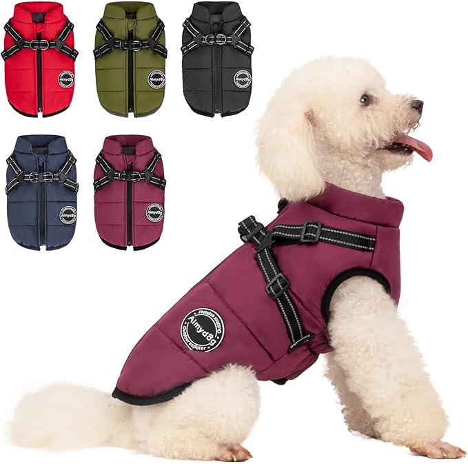 Warm Dog Winter Coat, Fashion Pet Cold Weather Jacket with Built-in Harness, Reflective & Adjustable Comfortable Pet Vest, Windproof Apparel for Small Medium Large Dogs (Purple)