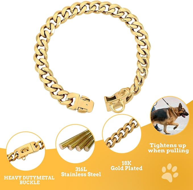 BAOBOTE 15MM Gold Stainless Steel Dog Collar with Cuban Link Chain Heavy Duty Chew Proof Training Collar for Dogs(24" Gold)