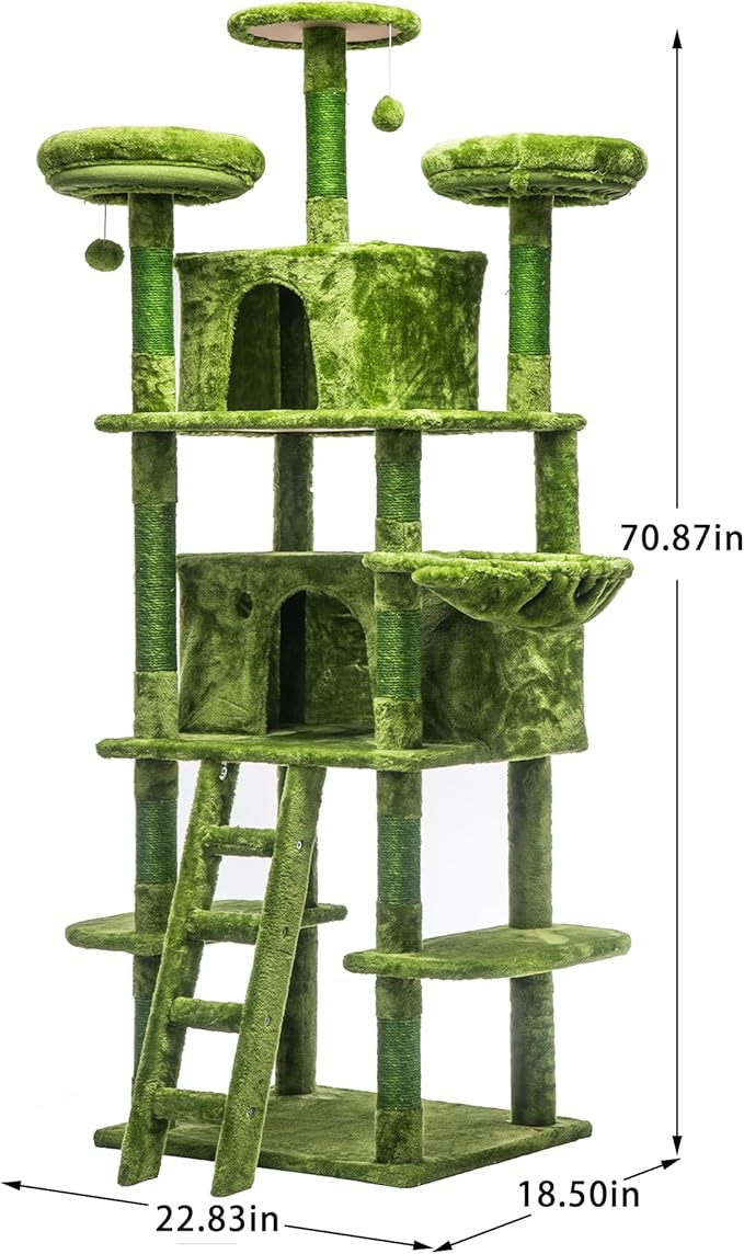 70.87" Cat Tree for Indoor Cats, Multi-Level Cat Tower with 2 Private Condos, 3 Perches & Hanging Hammock, Natural Sisal Scratching Posts, Stable for Multi-Cat Families, Kittens to Seniors (Green)