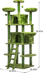 Large 70.87in Cat Tree with 2 Condos, 3 Perches & Hanging Hammock, Cat Tower with Short Plush & No Sharp Edges, Natural Sisal Scratching Areas, Safe & Stable for Multi-Cat Families (Green, 70.87in)