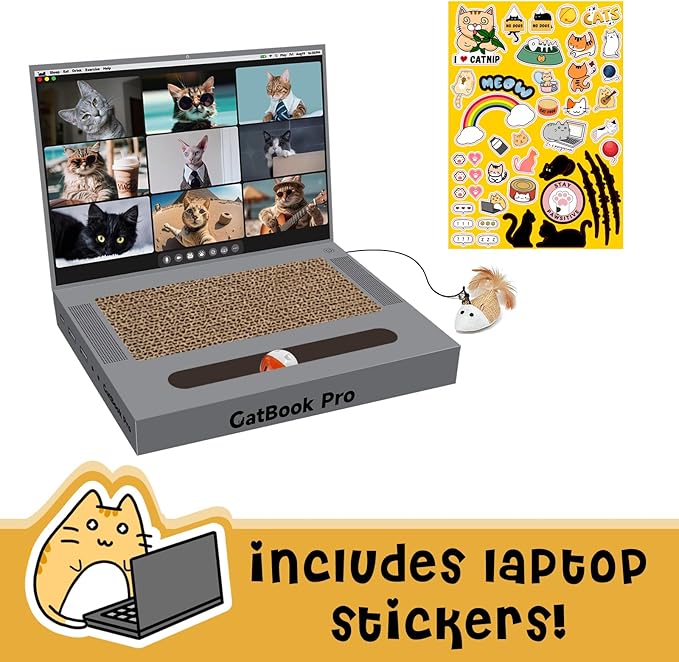3-in-1 Cardboard Cat Scratcher Laptop with 'Mouse' Jingle Ball, Stickers, Grey Cat Interactive Toy, Kitten Toy & Cat Scratching Pad