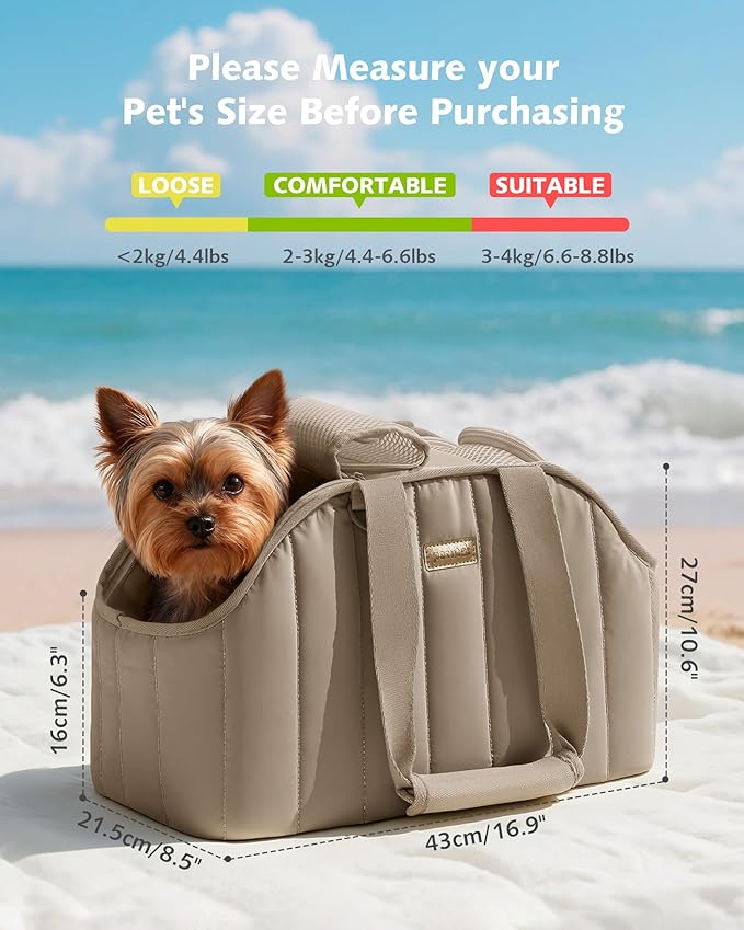 Pecute Dog Purse Carrier, Lightweight Dog Carriers for Small Dogs with Large Pockets, Dog Soft-Sided Carriers up to 6.6lbs, Pet Carrier for Puppy Cat, Suitable for Travel, Subway, Khaki