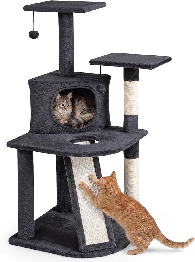 Tangkula Corner Cat Tree, Multi-Level Cat Tower with Top Perches & Cozy Condo, Natural Sisal Scratching Posts & Climbing Ladder, Playful Cat Hole & Hanging Balls, Climbing Play Center (Dark Gray)