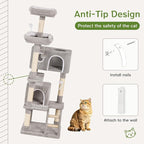 Cat Tree Tower 60inch - Multi-Level Indoor Activity Center with Sisal Scratching Posts, Condo, Plush Perch & Hanging Toys for Large Cats (Light Gray)