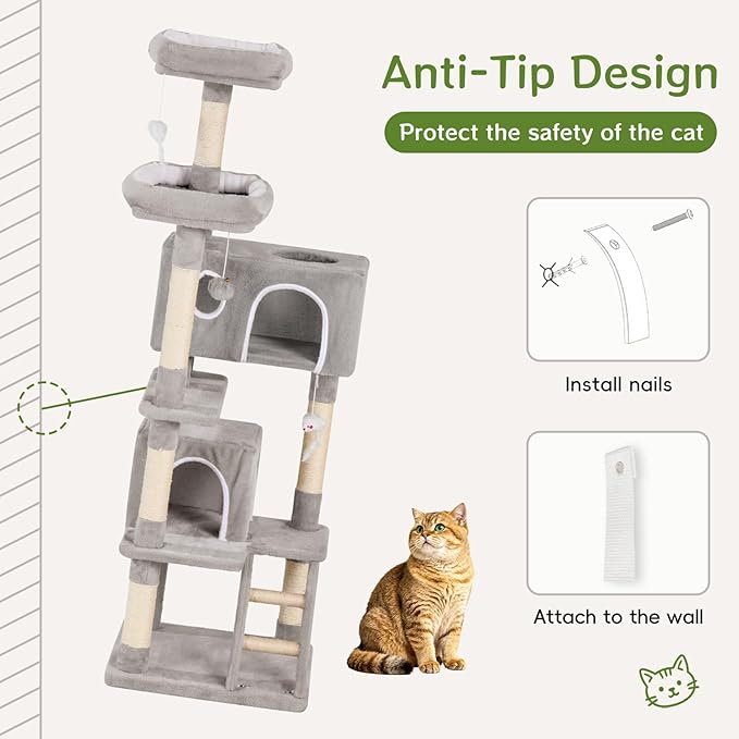 Cat Tree Tower 60inch - Multi-Level Indoor Activity Center with Sisal Scratching Posts, Condo, Plush Perch & Hanging Toys for Large Cats (Light Gray)