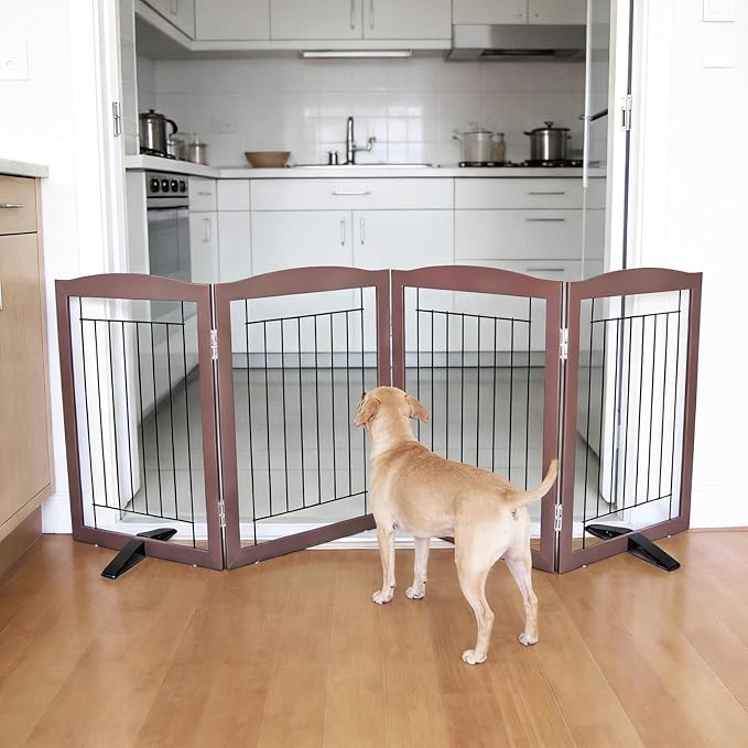 Dog Fence Indoor,Dog Gate Indoor for Doorway pet gate -4-Panel Freestanding, Hallways, House or Stairs -80x32-Inch Retractable Foldable Expandable Wood Pet by SFJC (Brown) ﻿