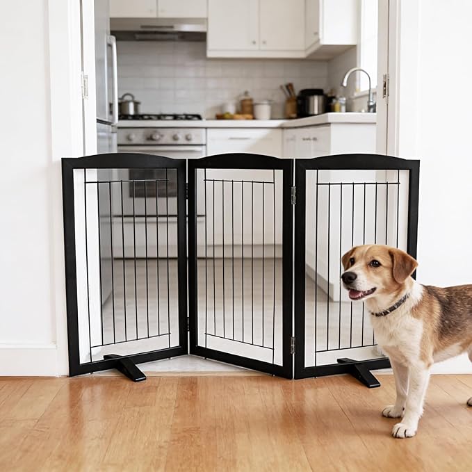 Dog Fence Indoor,Dog Gate Indoor for Doorway pet gate -3-Panel Freestanding, Hallways, House or Stairs -60x32-Inch Retractable Foldable Expandable Wood Pet by SFJC (Black) ﻿